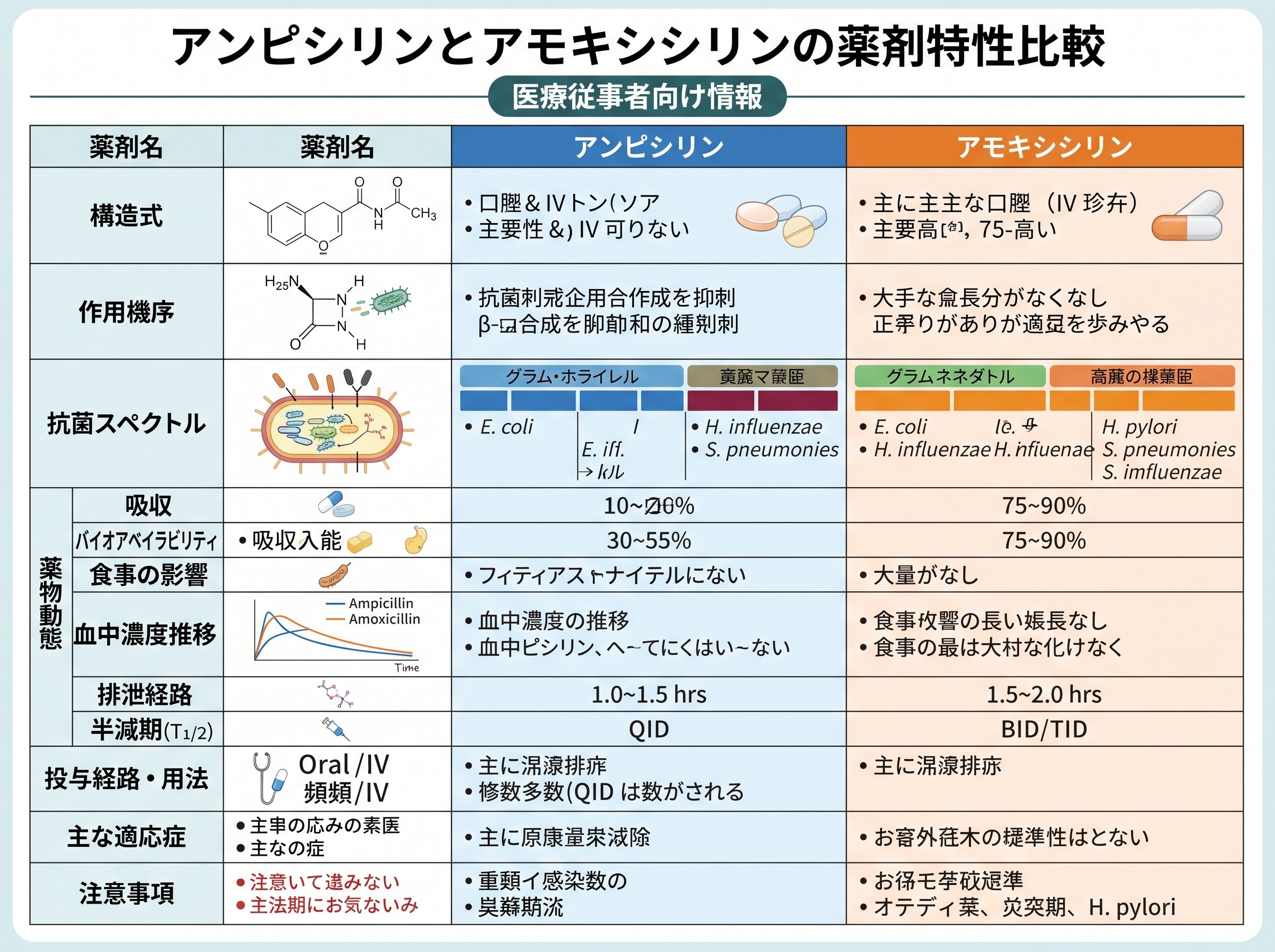 アンピシリンとアモキシシリンの薬剤特性比較