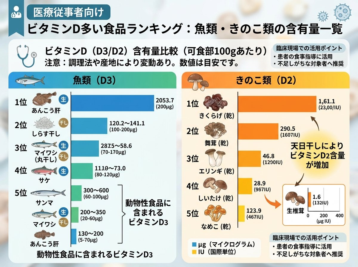 ビタミンD多い食品ランキング：魚類・きのこ類の含有量一覧