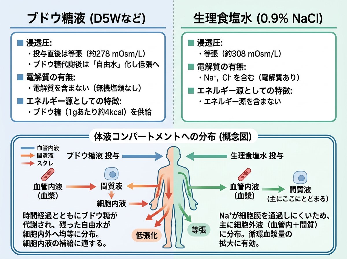 ブドウ糖液と生理食塩水の基本特性と分布