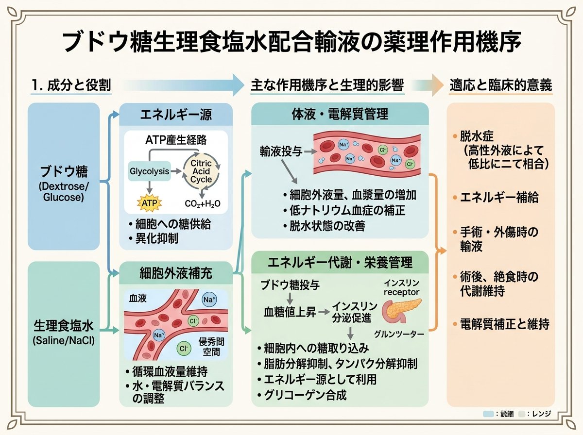 ブドウ糖生理食塩水配合輸液の薬理作用機序