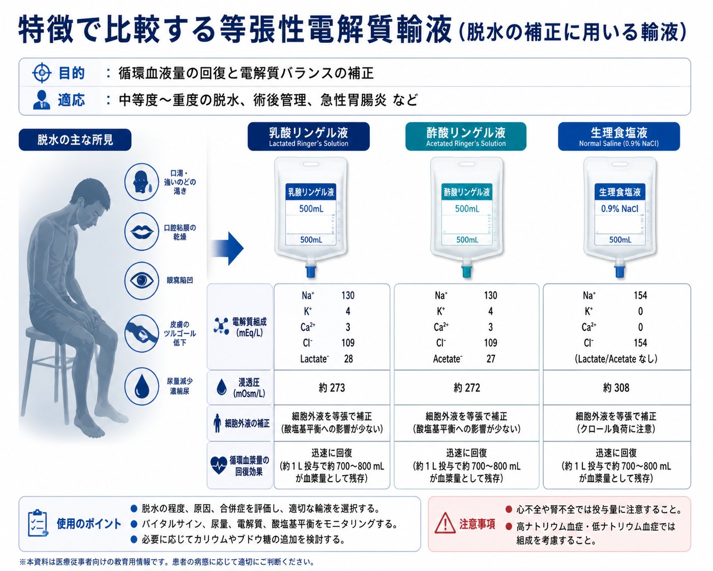 脱水症状に使用する等張電解質輸液の特徴