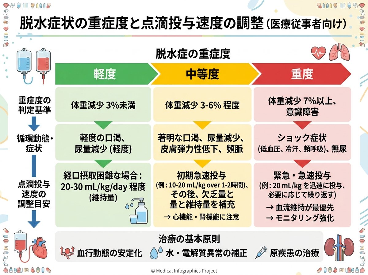 脱水症状の重症度と点滴投与速度の調整