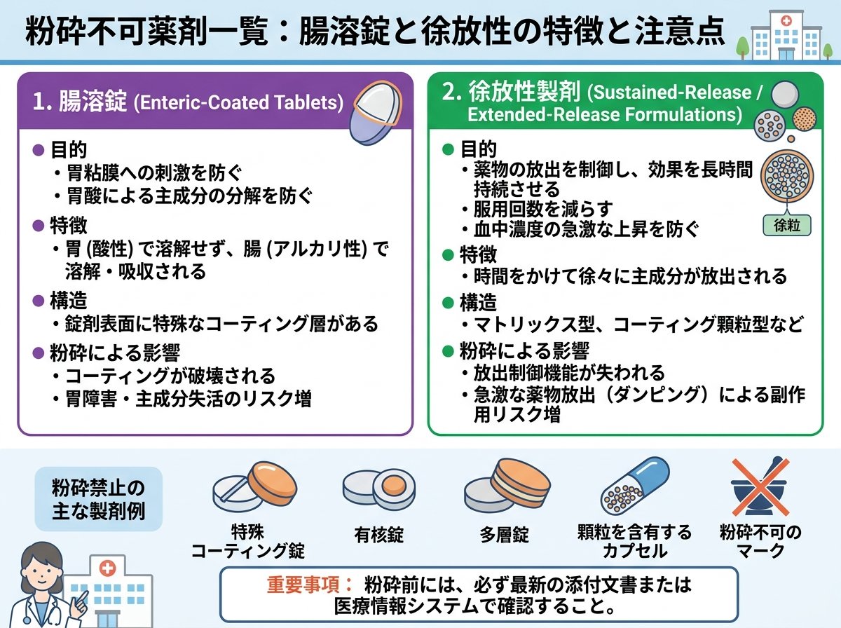 粉砕不可薬剤 一覧の腸溶錠と徐放性