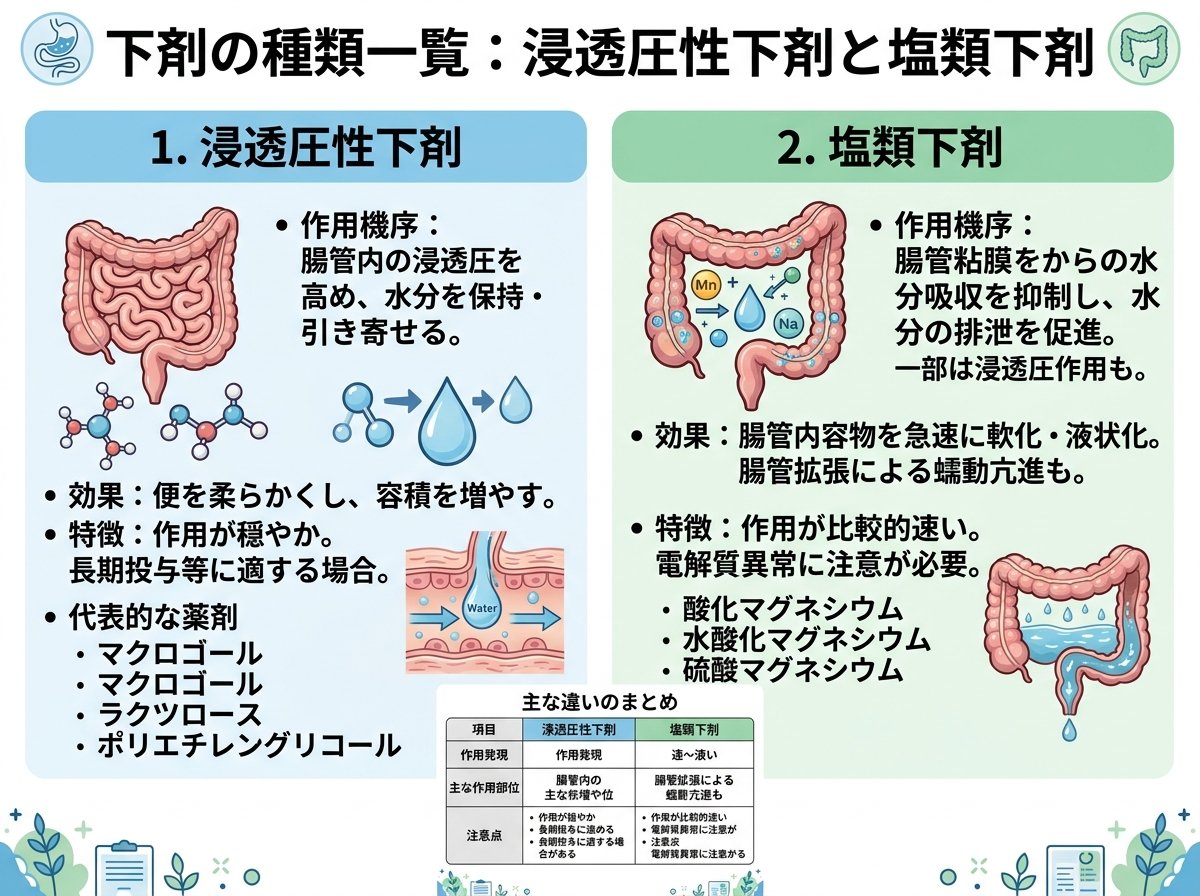 下剤の種類 一覧:浸透圧性下剤と塩類下剤