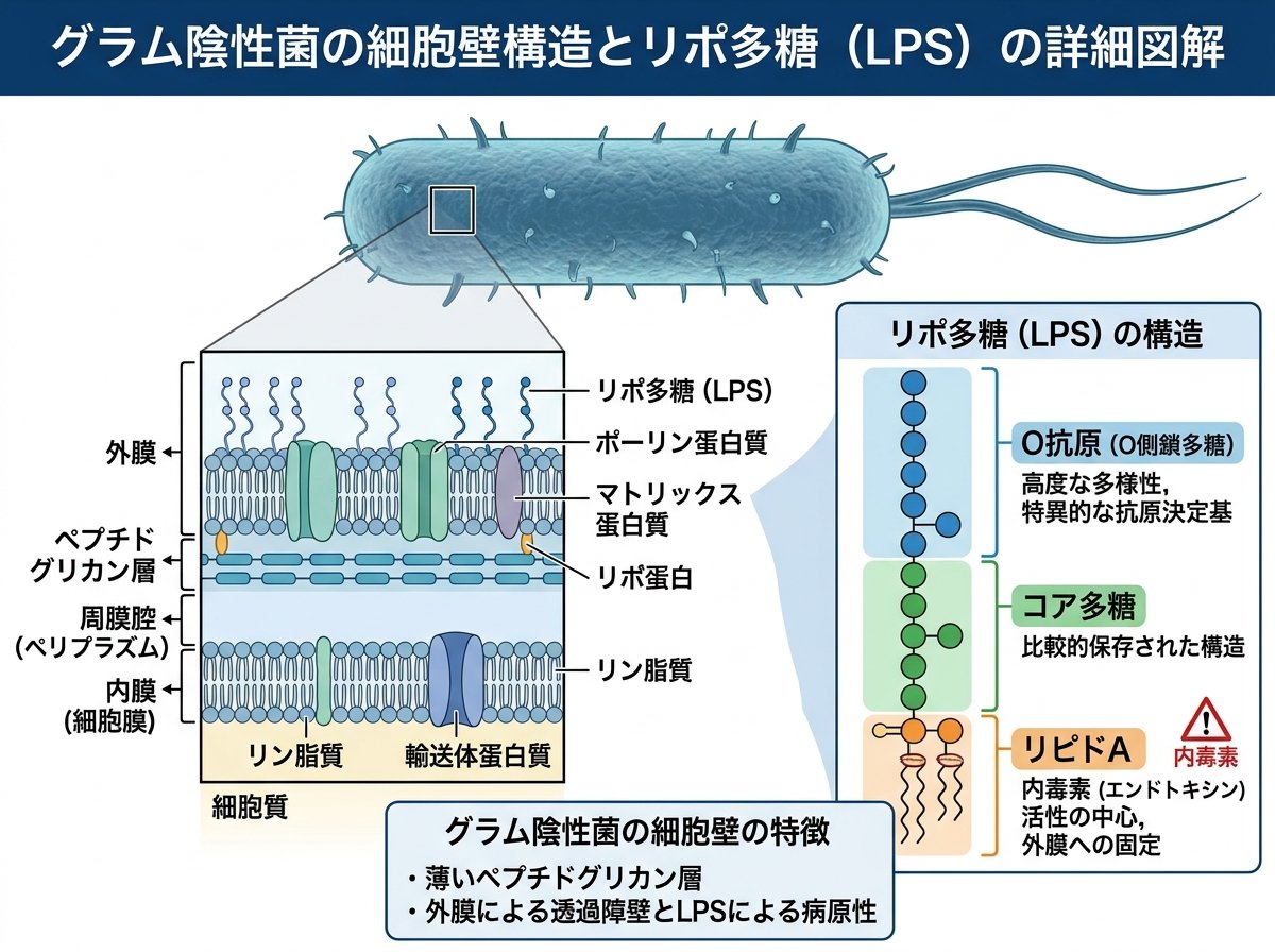 グラム陰性菌の細胞壁構造とリポ多糖