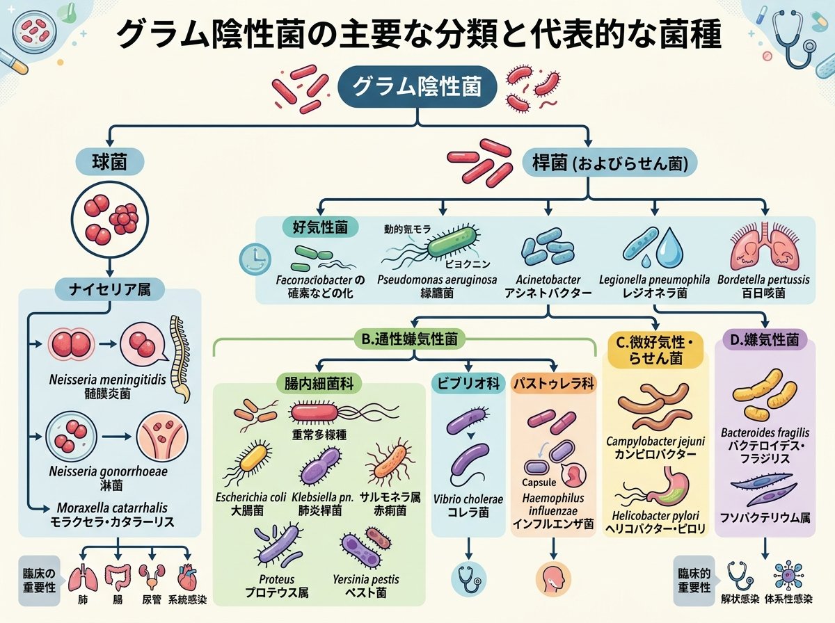 グラム陰性菌の主要な分類と代表的な菌種