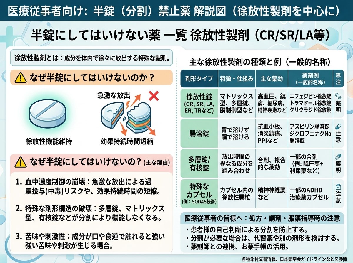 半錠にしてはいけない薬 一覧 徐放性製剤(CR/SR/LA等)