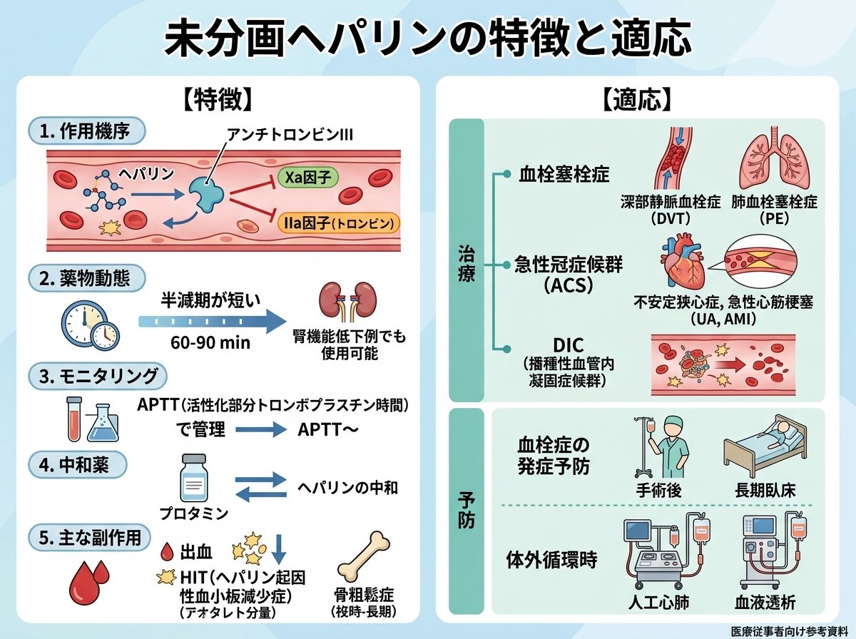 未分画ヘパリンの特徴と適応