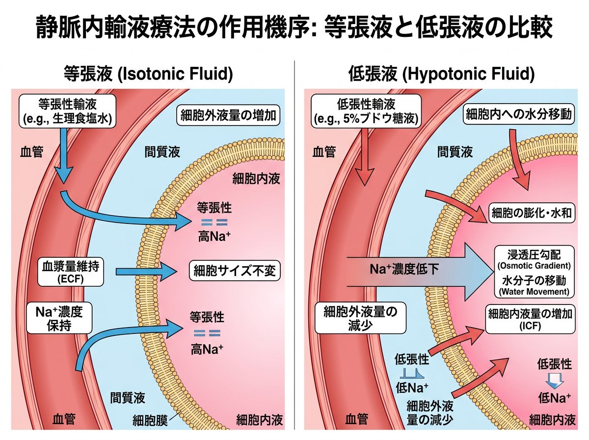 補液点滴の等張液と低張液の効果メカニズム
