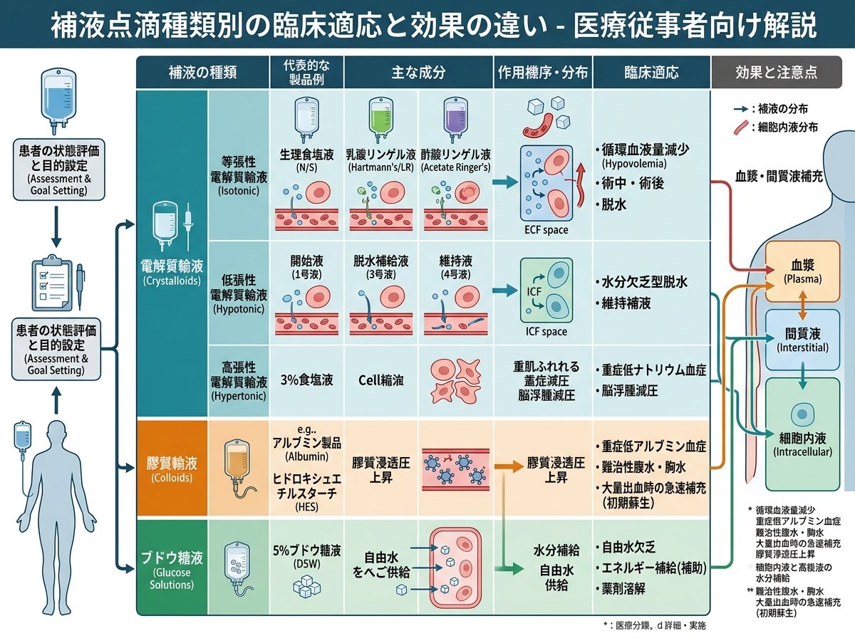 補液点滴種類別の臨床適応と効果の違い