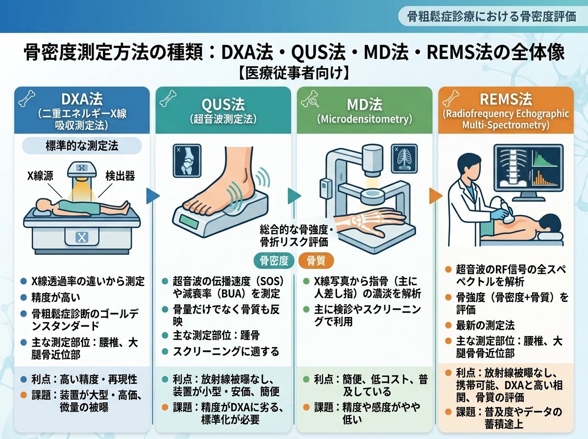骨密度測定方法の種類：DXA法・QUS法・MD法・REMS法の全体像
