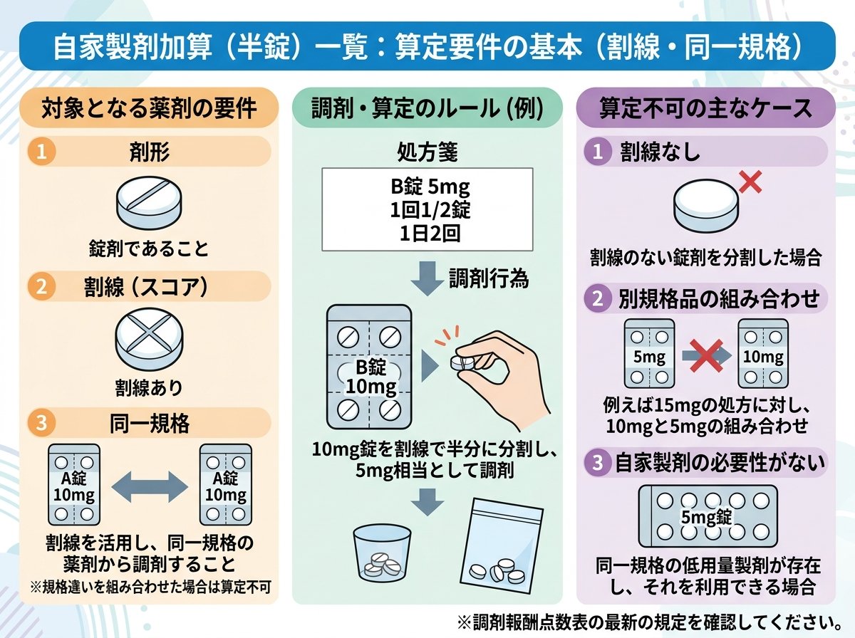 自家製剤加算 半錠 一覧：算定要件の基本（割線・同一規格）