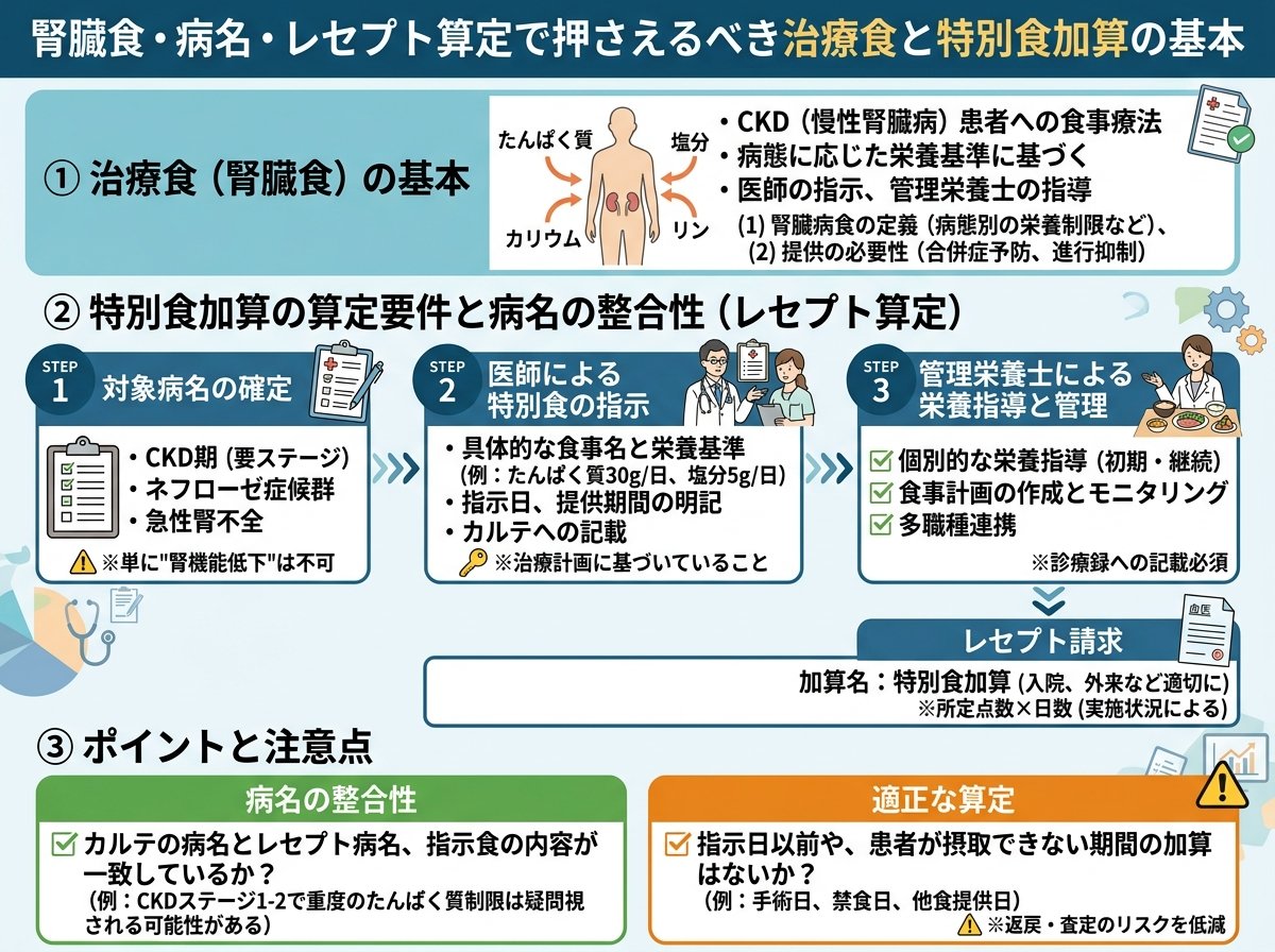 腎臓食 病名 レセプト算定で押さえるべき治療食と特別食加算の基本
