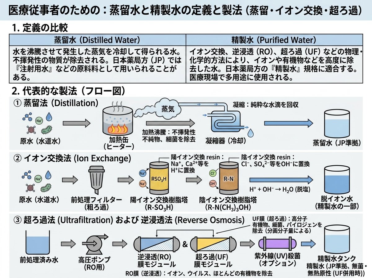 蒸留水と精製水の違いの定義と製法（蒸留・イオン交換・超ろ過）