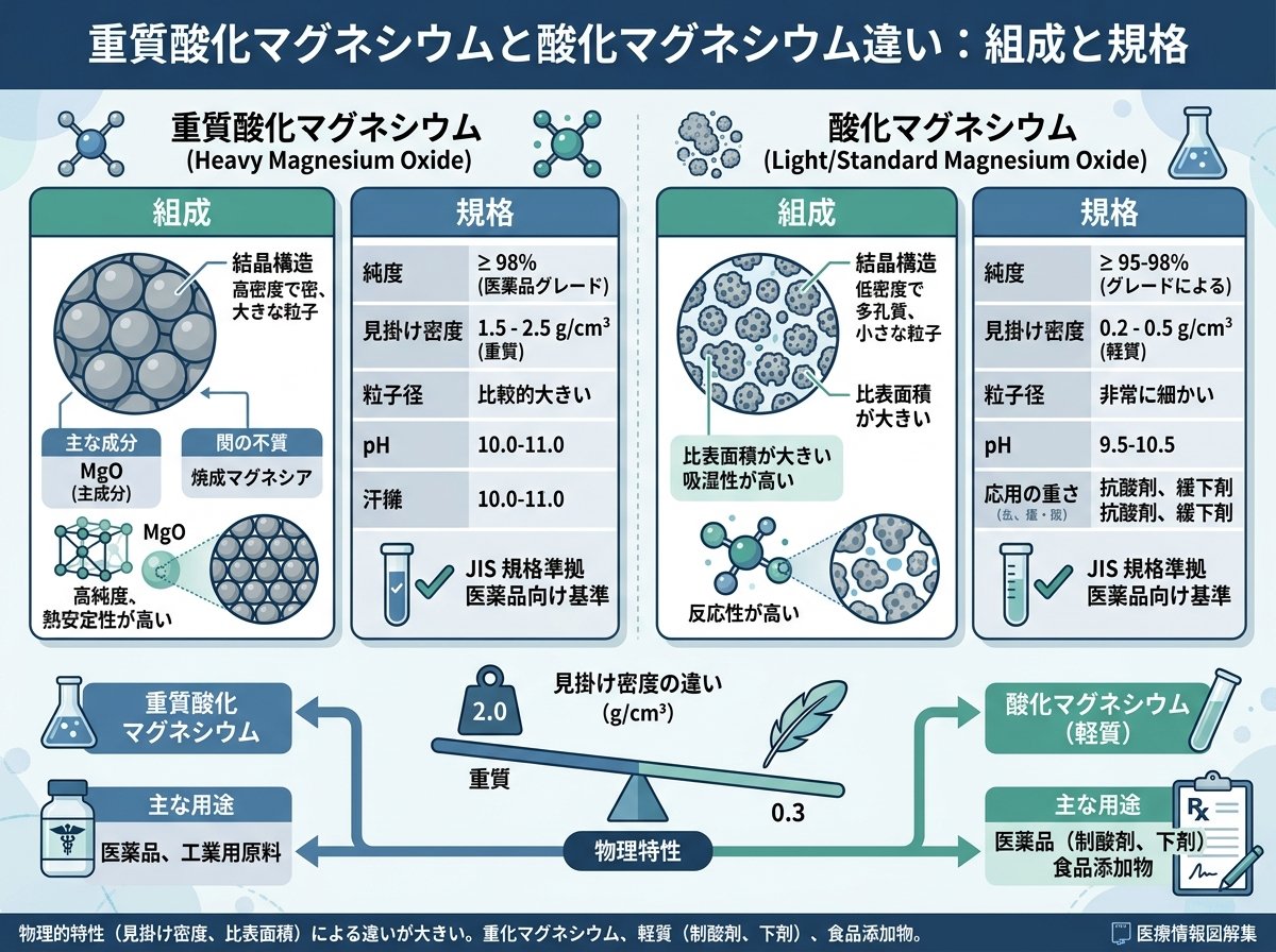 重質酸化マグネシウムと酸化マグネシウム違い:組成と規格