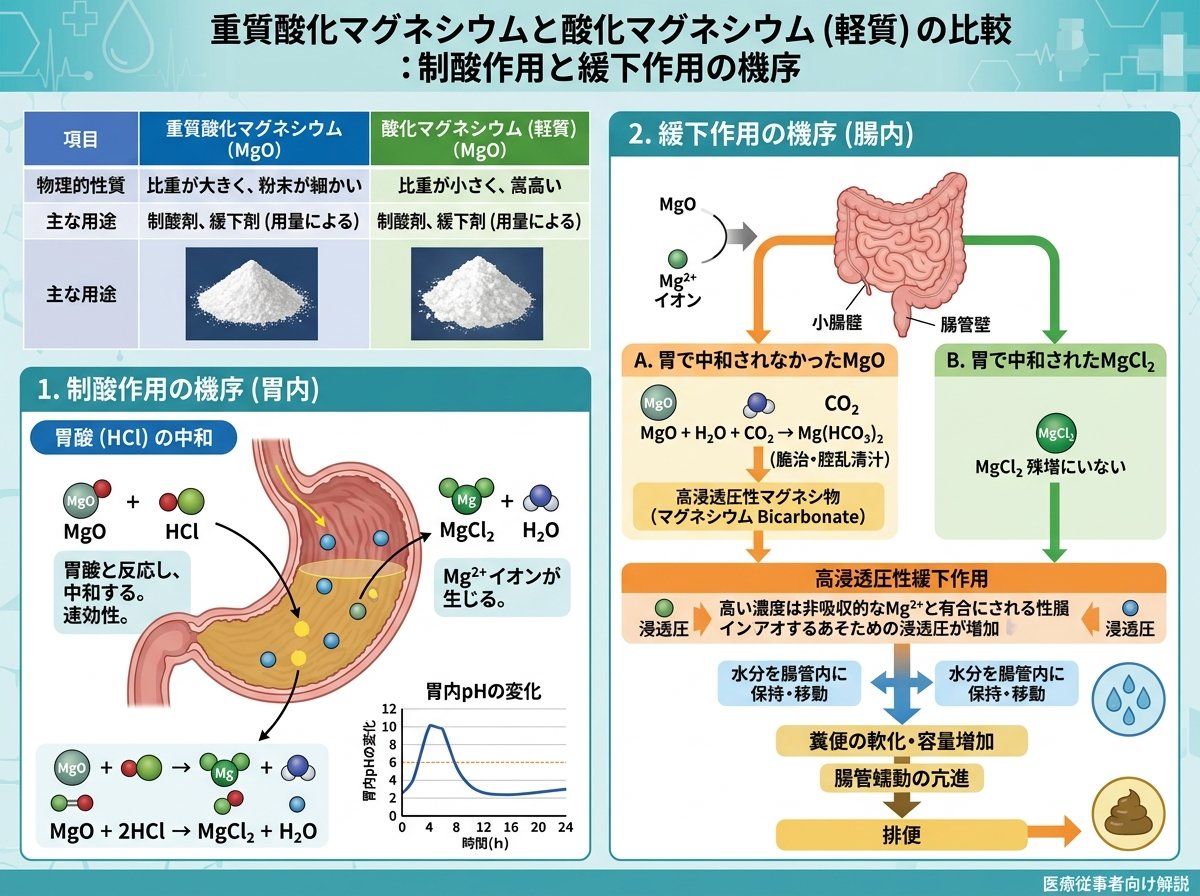 重質酸化マグネシウムと酸化マグネシウム違い:制酸作用と緩下作用の機序