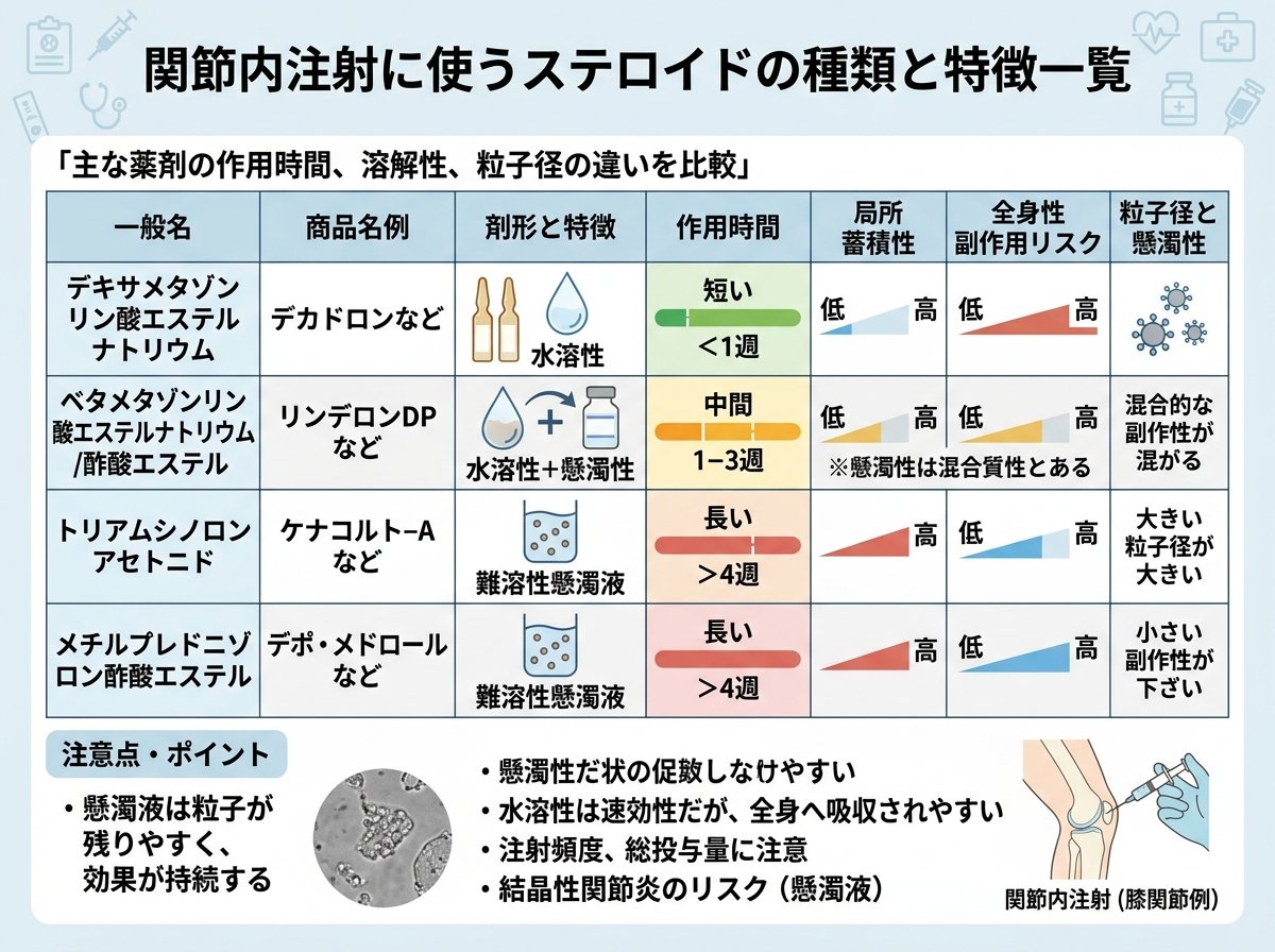 関節内注射に使うステロイドの種類と特徴一覧