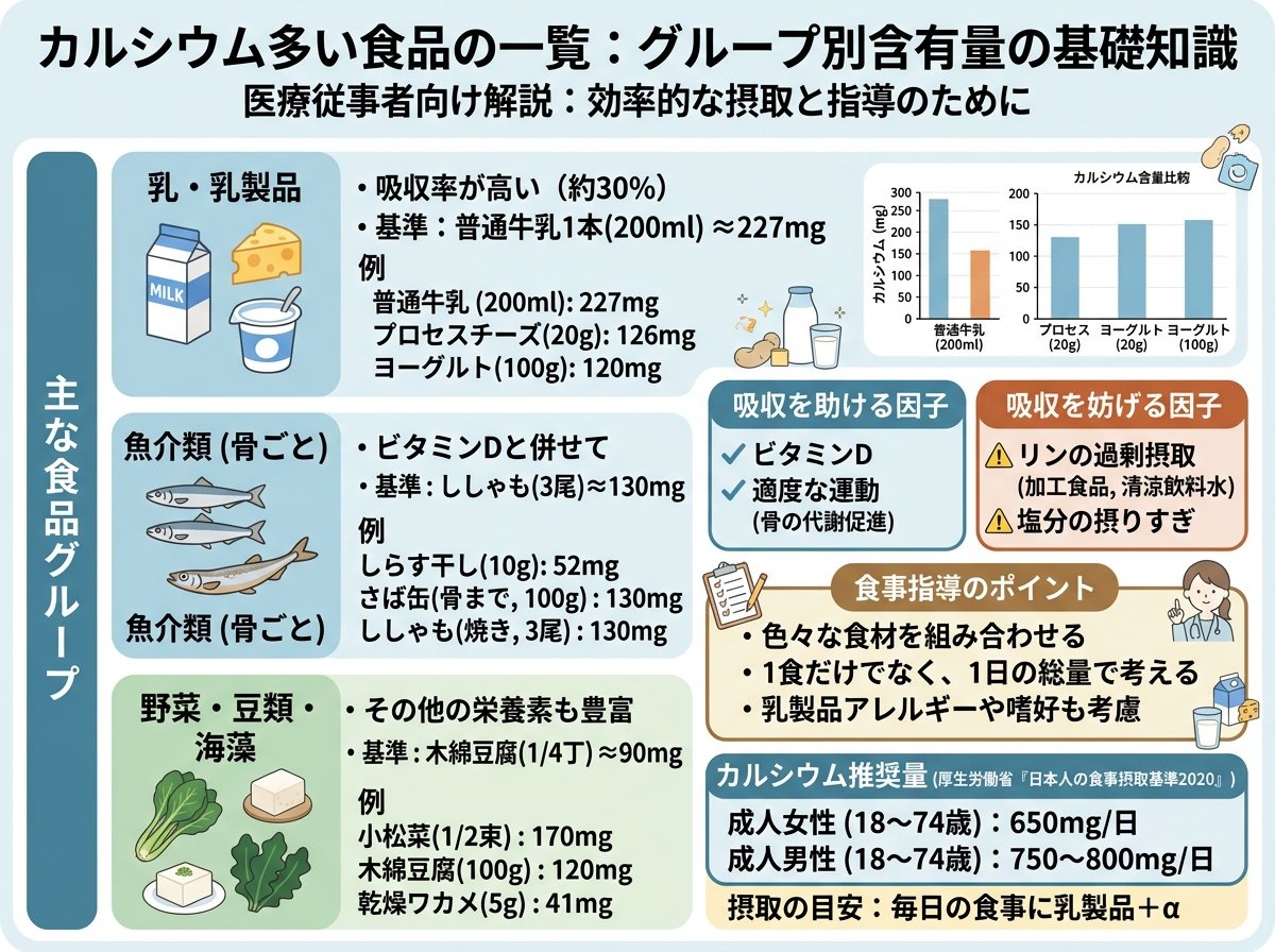 カルシウム多い食品の一覧：グループ別含有量の基礎知識