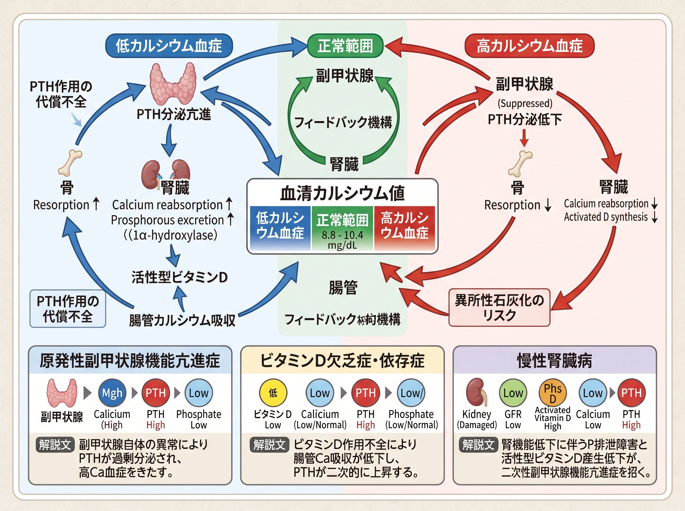 血清カルシウム基準値から読む副甲状腺・ビタミンD・腎機能の連動