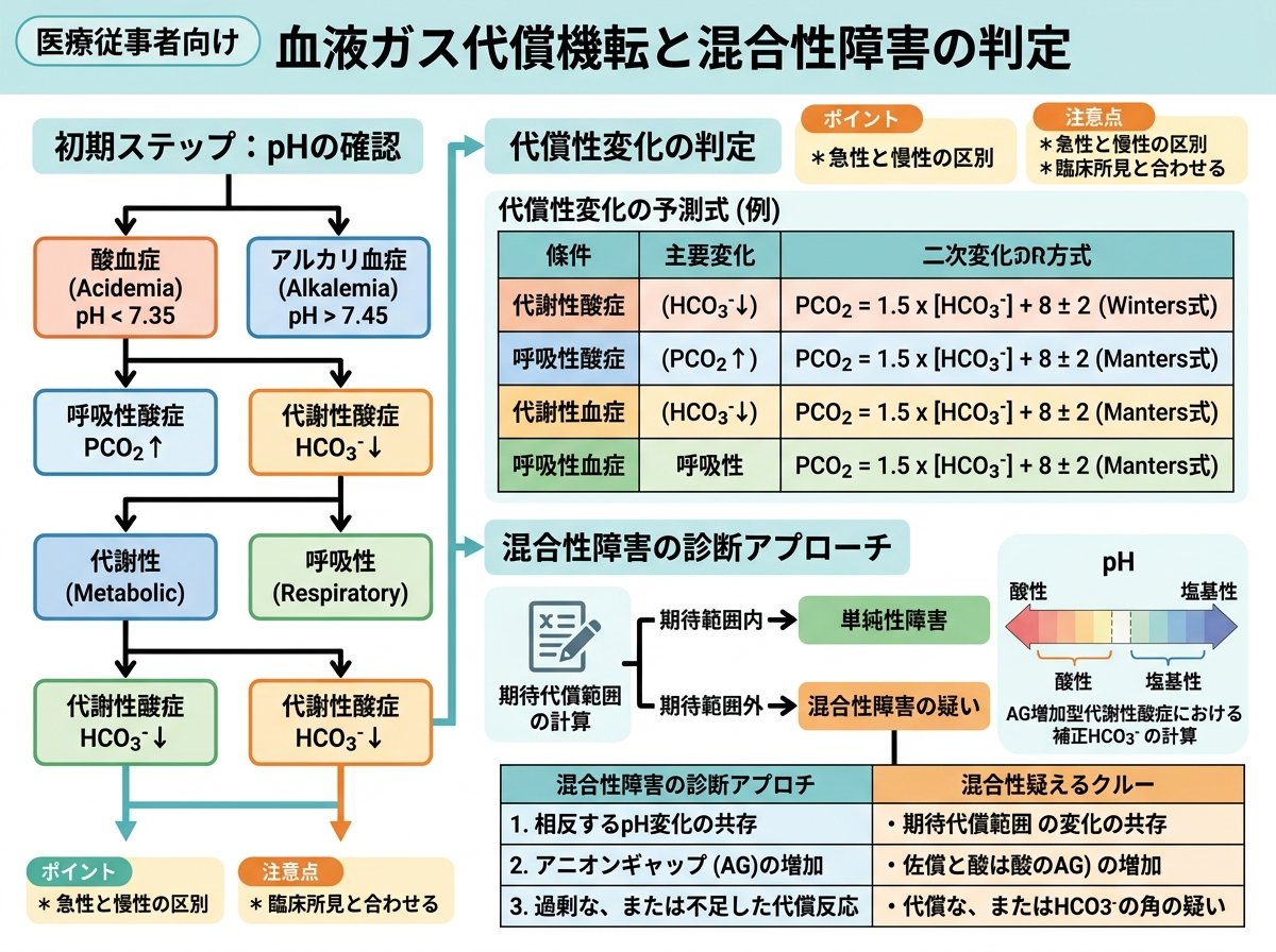 血液ガス代償機転と混合性障害の判定