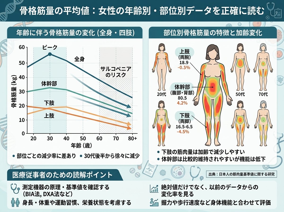 骨格筋量の平均値:女性の年齢別・部位別データを正確に読む
