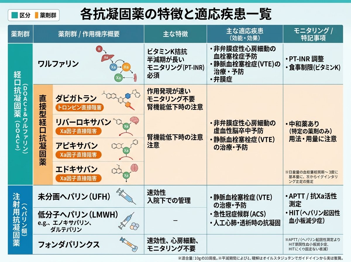 各抗凝固薬の特徴と適応疾患一覧