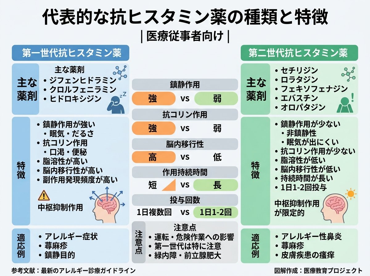 代表的な抗ヒスタミン薬の種類と特徴