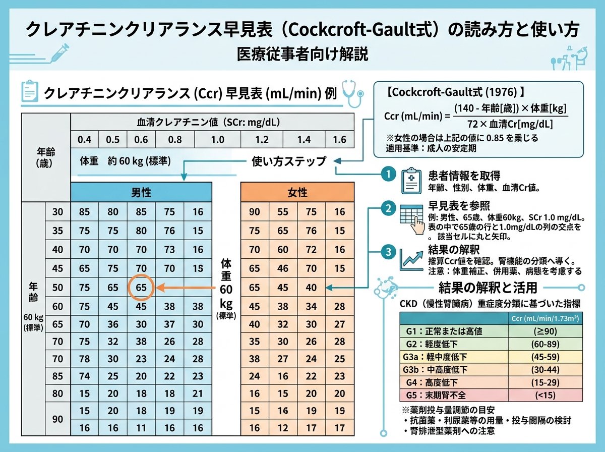 クレアチニンクリアランス早見表（Cockcroft-Gault式）の読み方と使い方