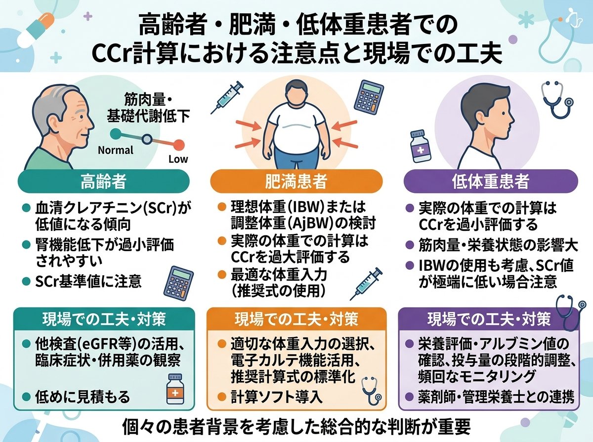 高齢者・肥満・低体重患者でのCCr計算における注意点と現場での工夫