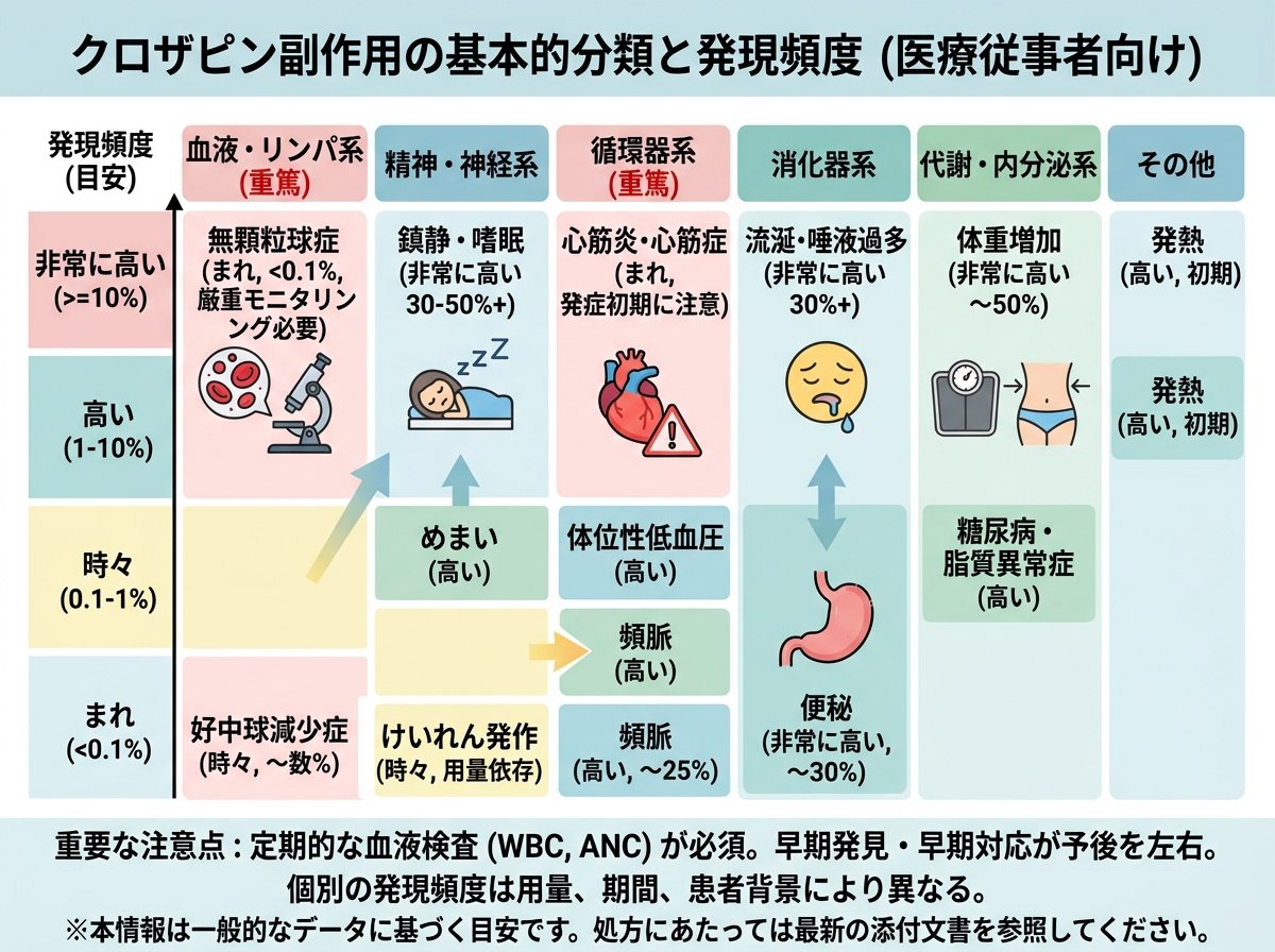 クロザピン副作用の基本的分類と発現頻度
