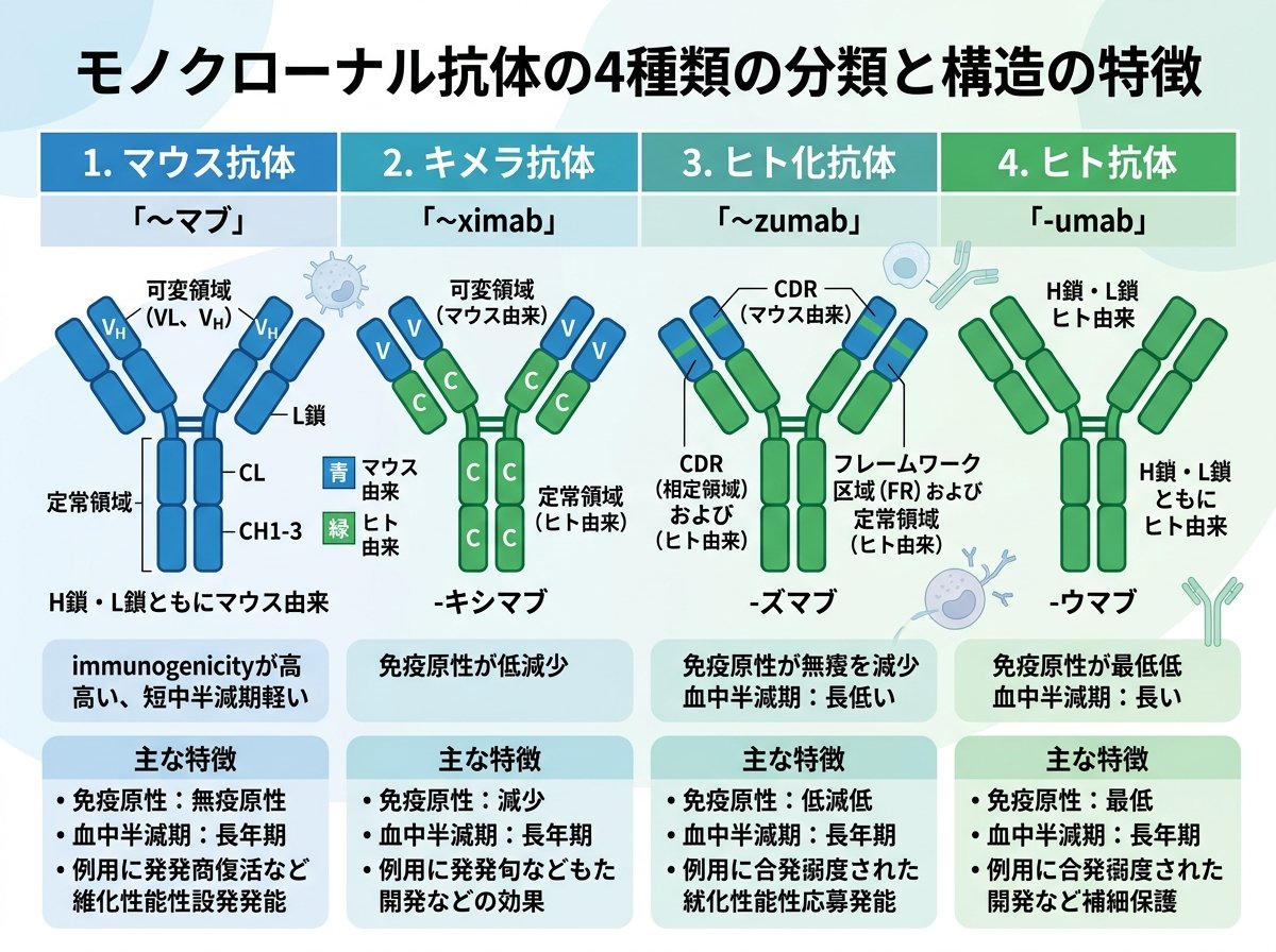 モノクローナル抗体の4種類の分類と構造の特徴