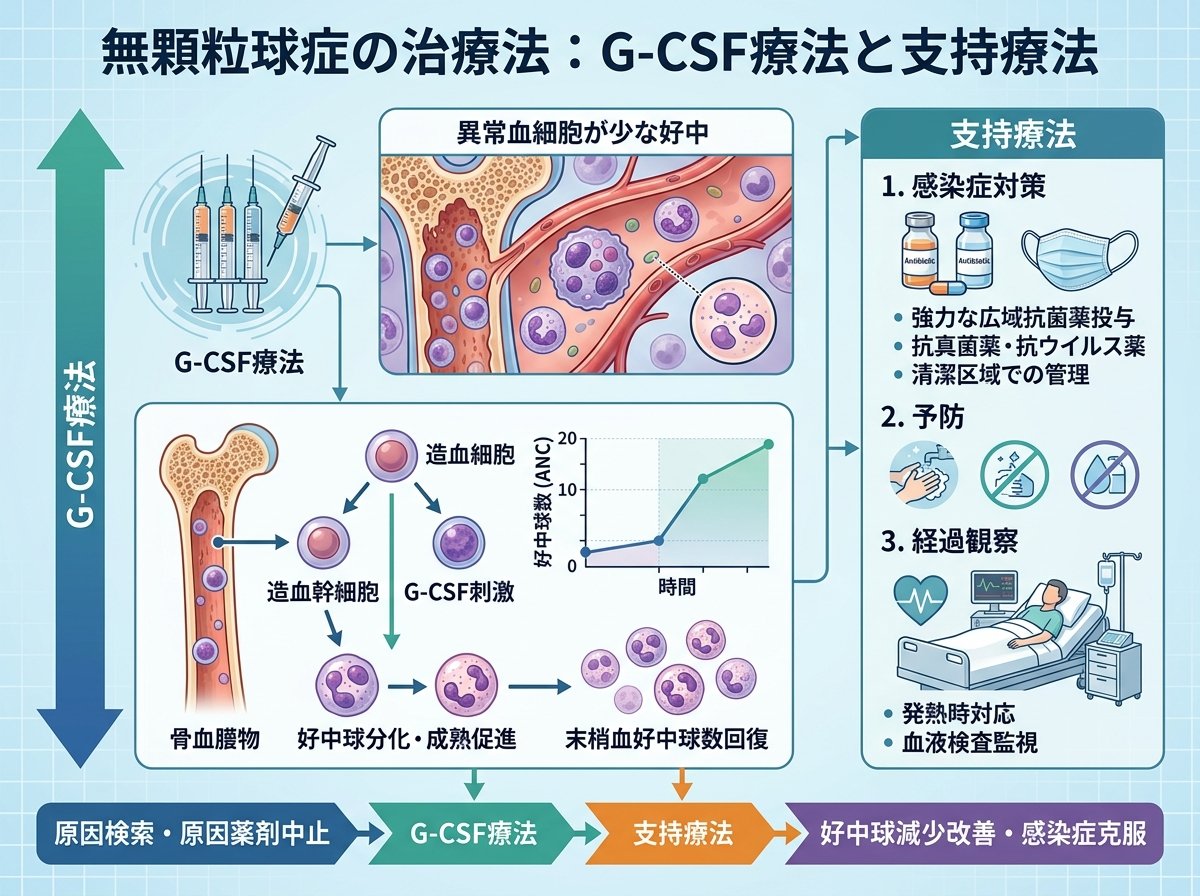 無顆粒球症の治療法：G-CSF療法と支持療法