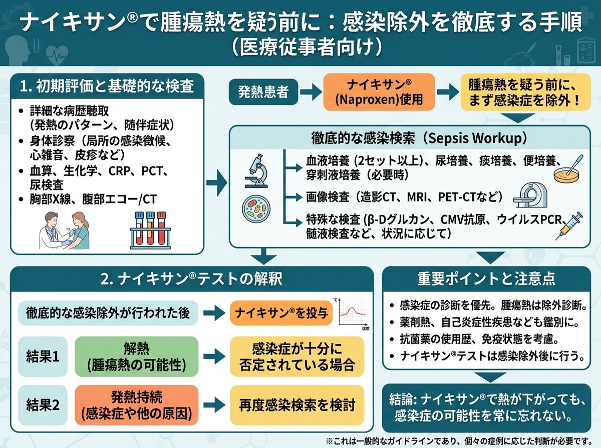 ナイキサンで腫瘍熱を疑う前に感染除外を徹底する手順
