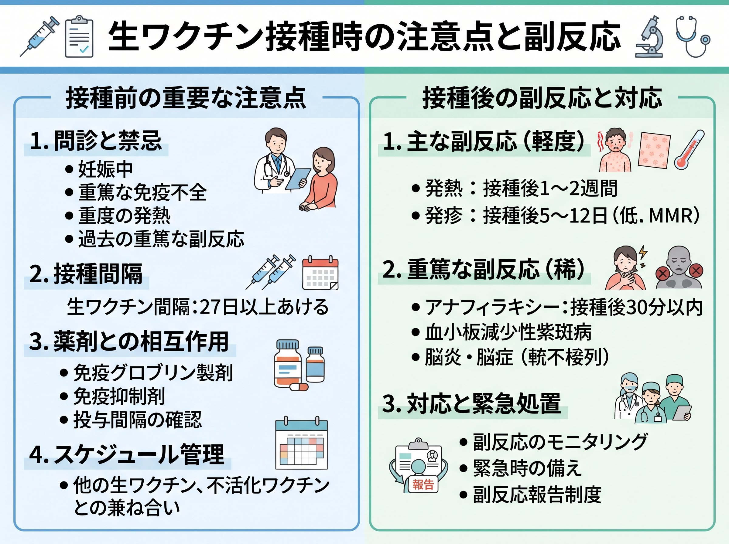 生ワクチン接種時の注意点と副反応