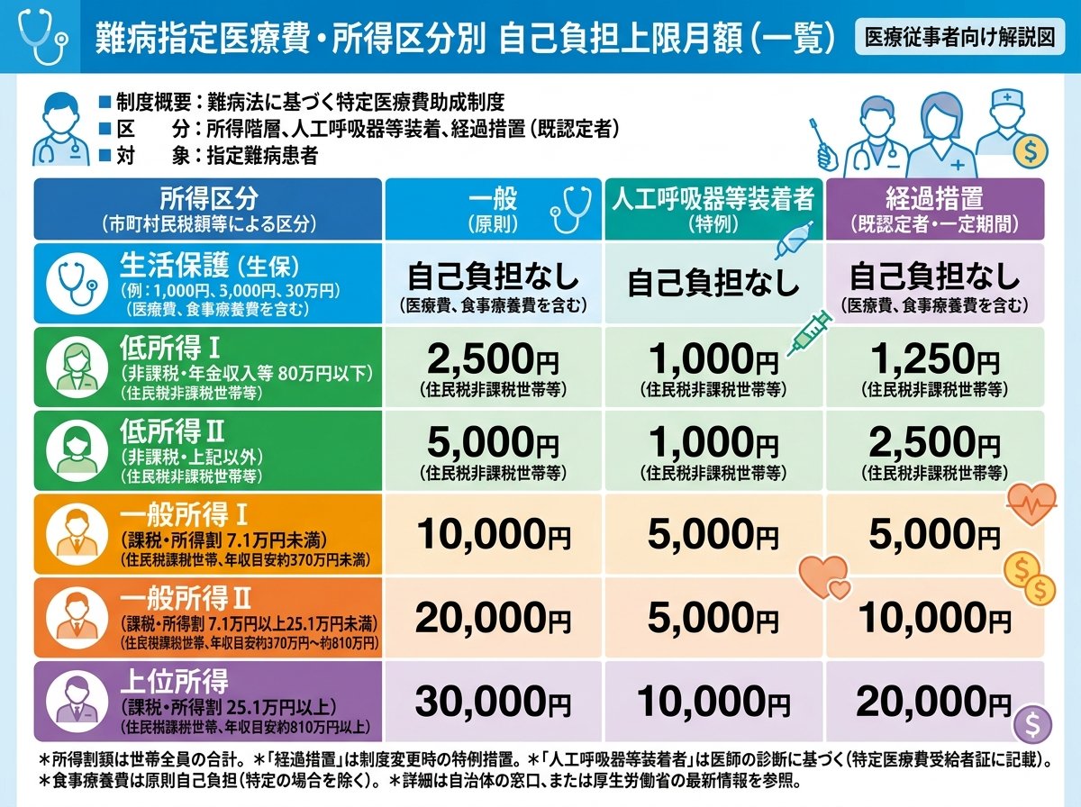 難病指定の医療費・所得区分別の自己負担上限月額を一覧で把握する
