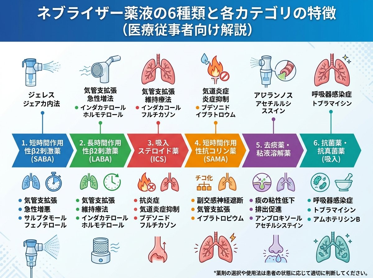 ネブライザー薬液の6種類と各カテゴリの特徴