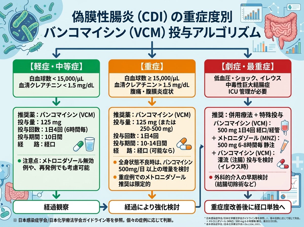 偽膜性腸炎の重症度別バンコマイシン投与