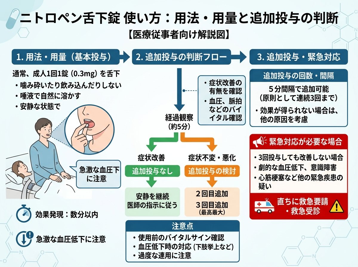ニトロペン舌下錠 使い方:用法・用量と追加投与の判断