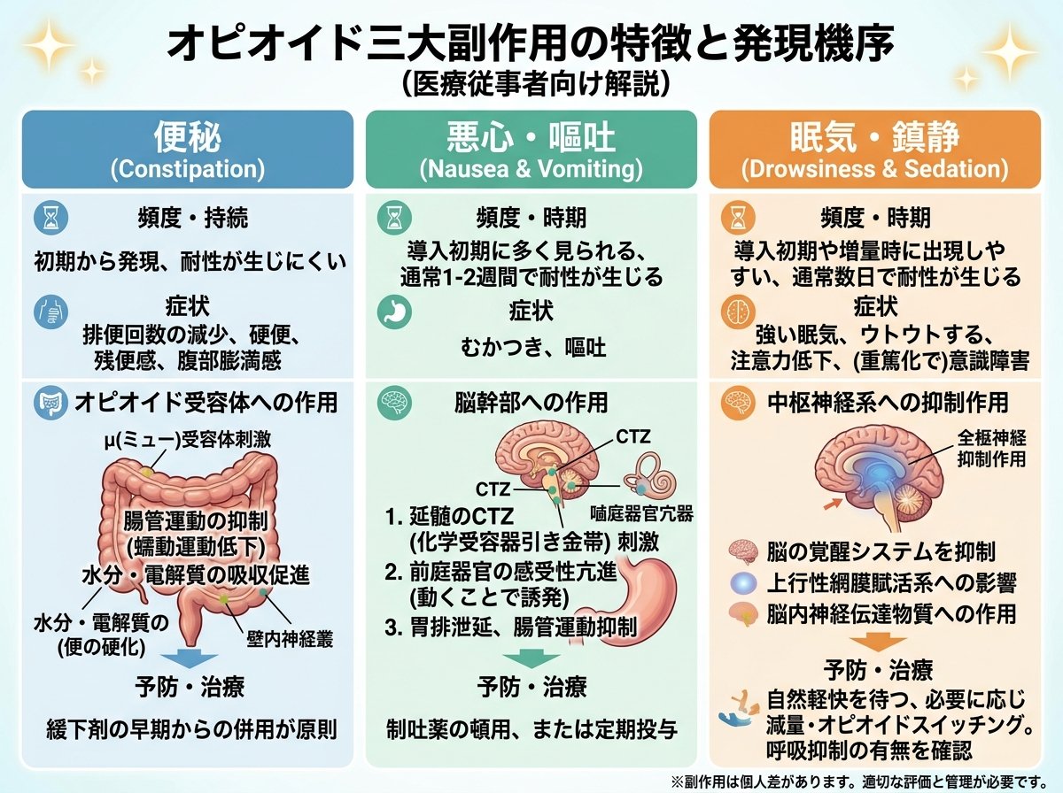 オピオイド三大副作用の特徴と発現機序