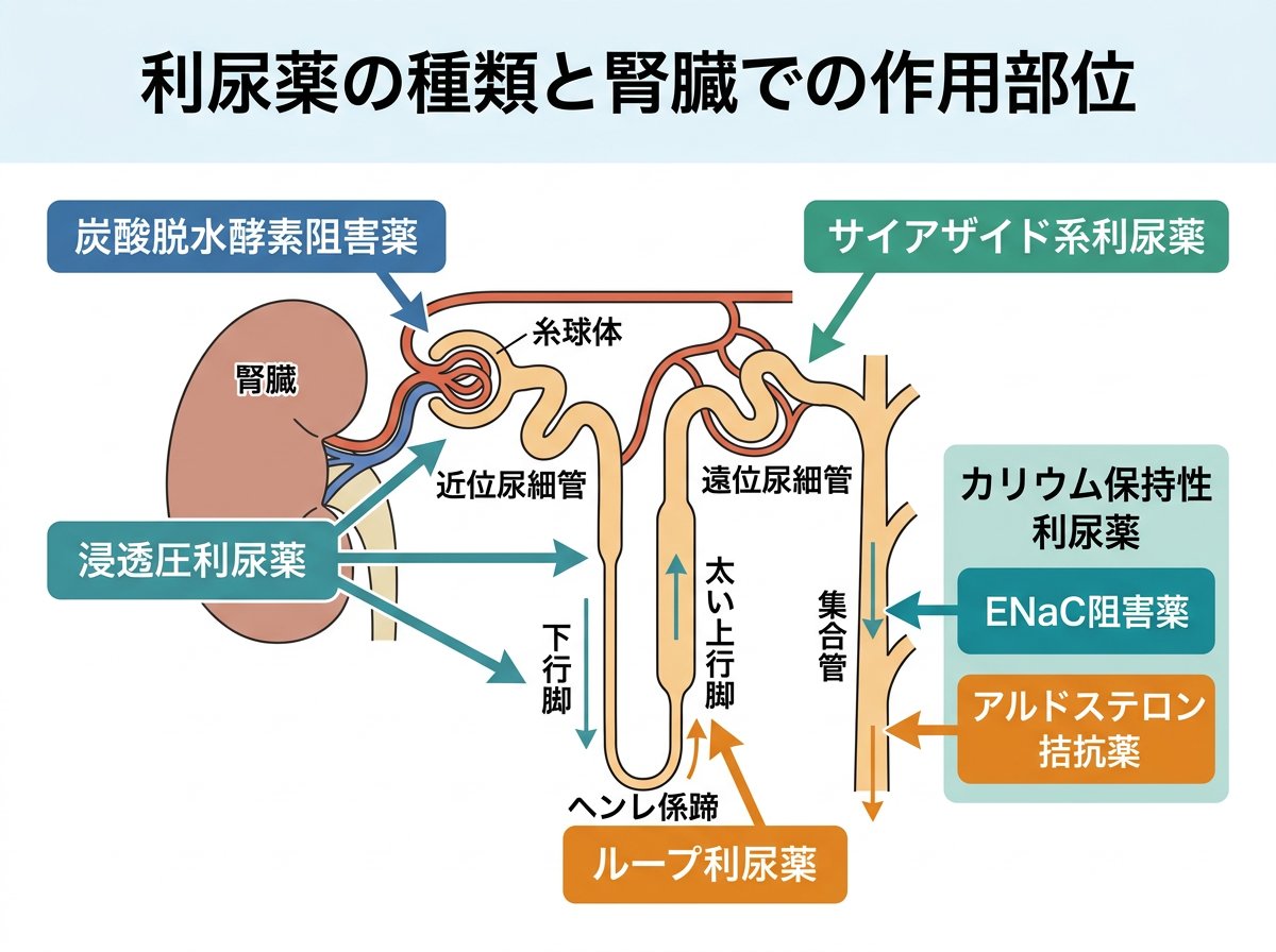 利尿薬の種類と腎臓での作用部位