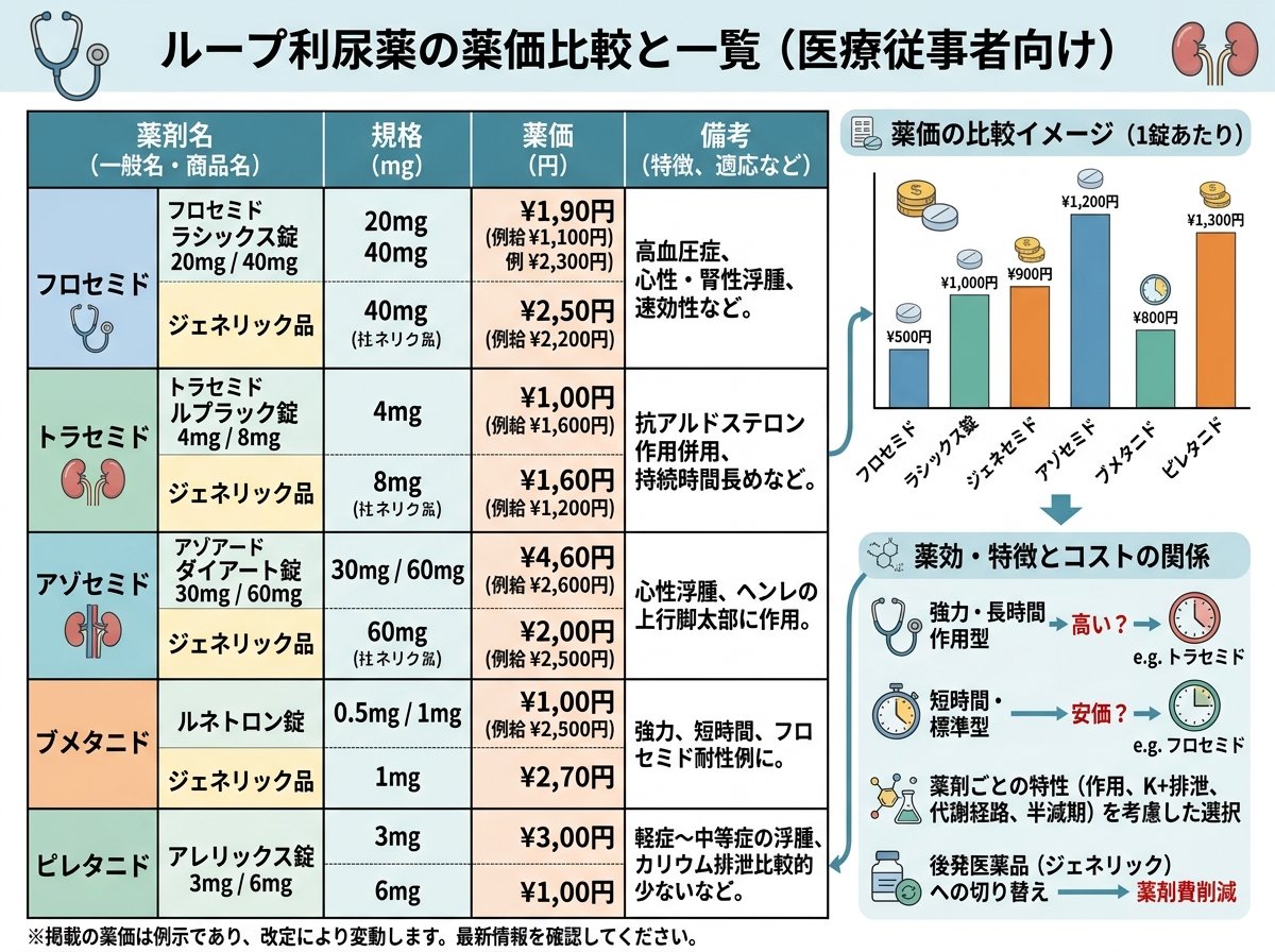ループ利尿薬の薬価比較と一覧