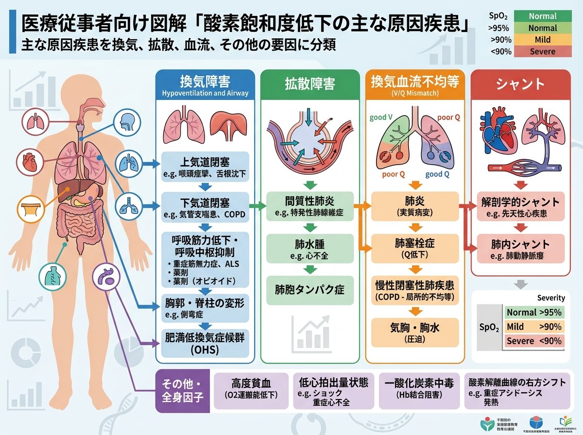 酸素飽和度低下の主な原因疾患