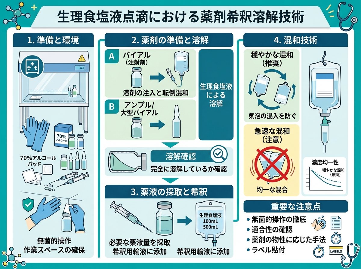 生理食塩液点滴における薬剤希釈溶解技術