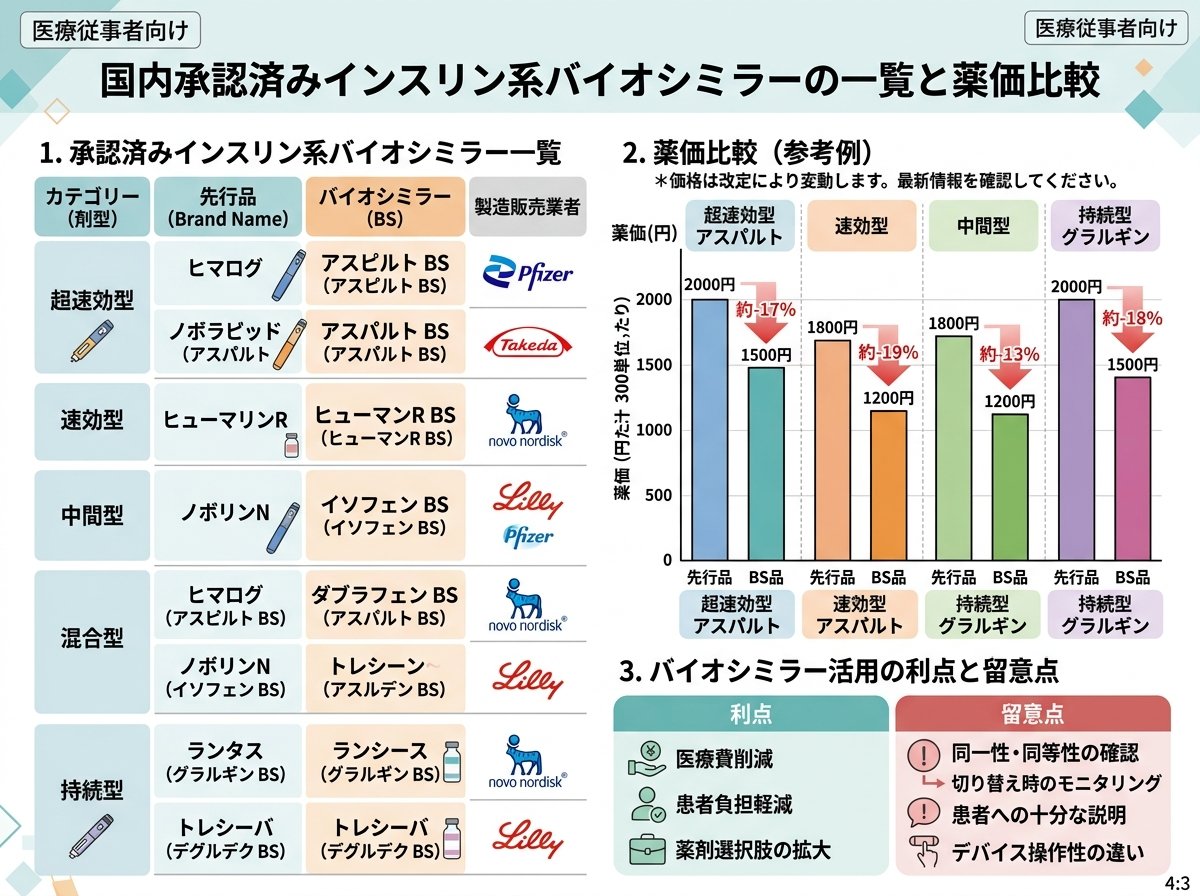 国内承認済みインスリン系バイオシミラーの一覧と薬価比較