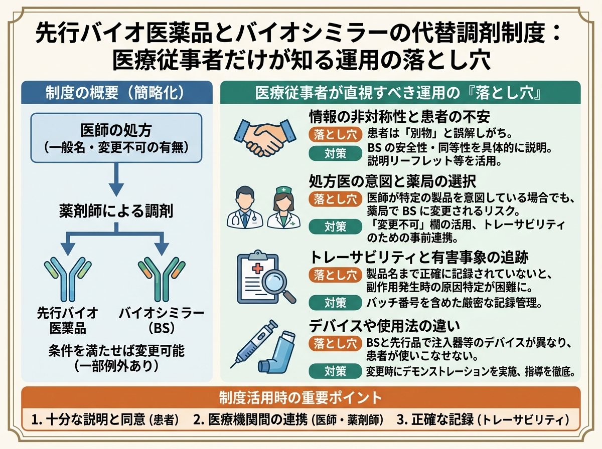 先行バイオ医薬品とバイオシミラーの代替調剤制度:医療従事者だけが知る運用の落とし穴
