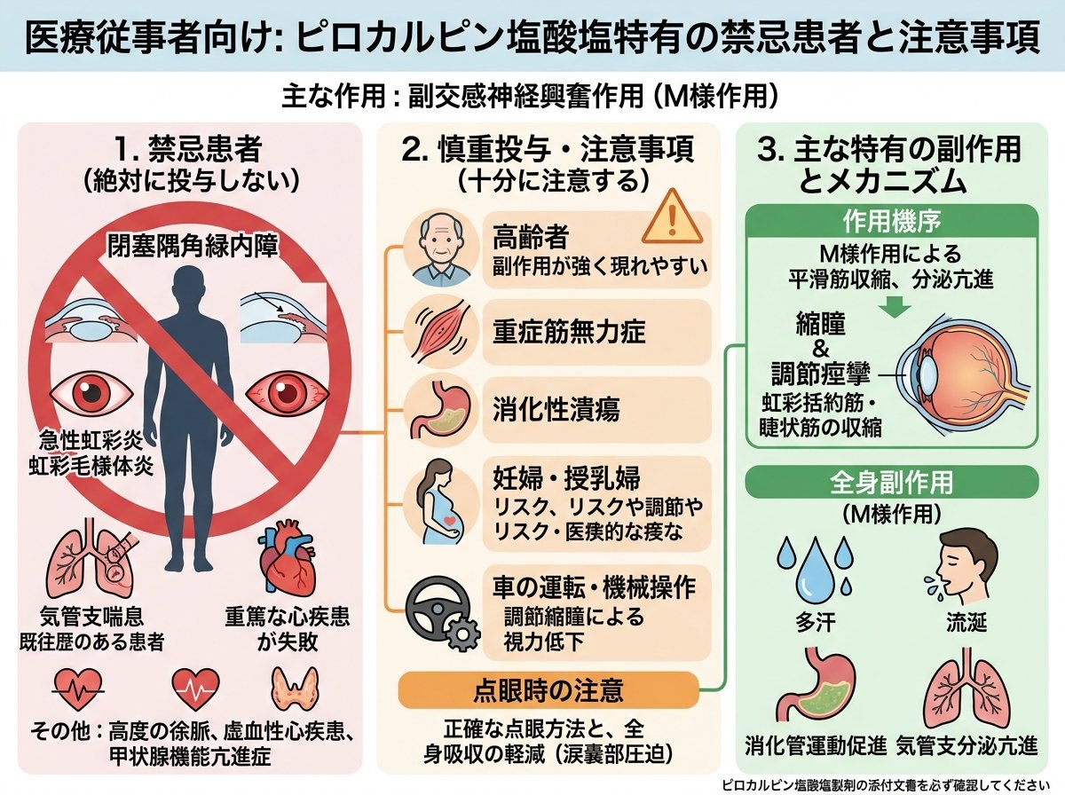 ピロカルピン塩酸塩特有の禁忌患者と注意事項