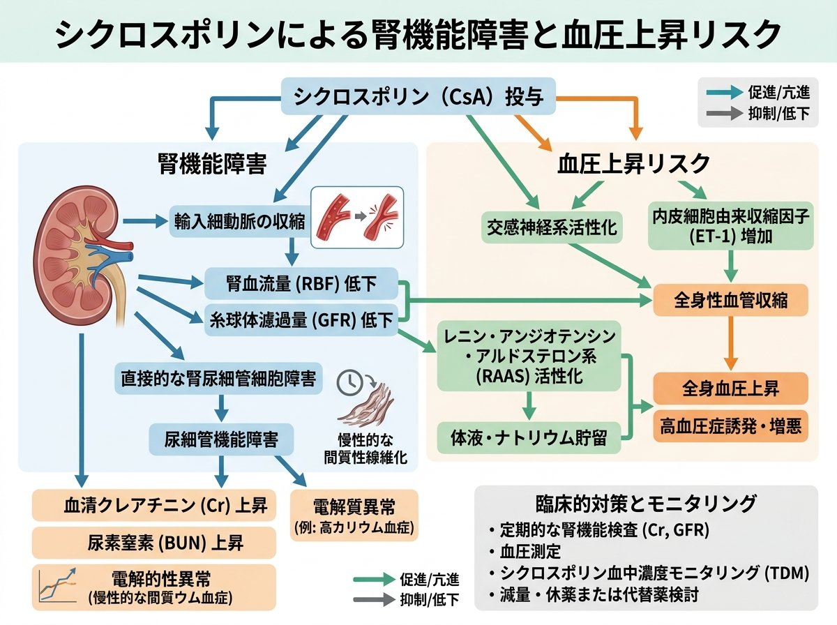 シクロスポリンの腎機能障害と血圧上昇リスク