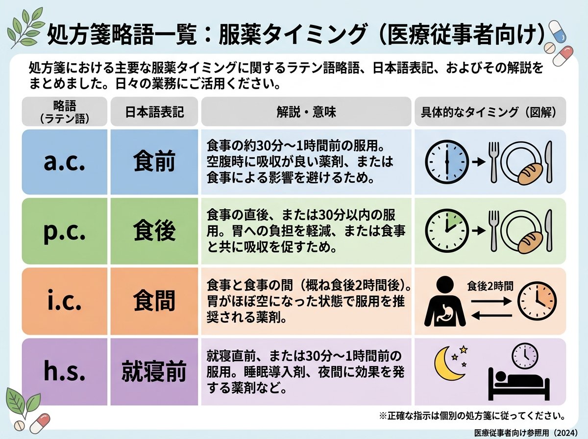 処方箋 略語 一覧：食前 a.c. 食後 p.c. 食間 i.c. 就寝前 h.s.
