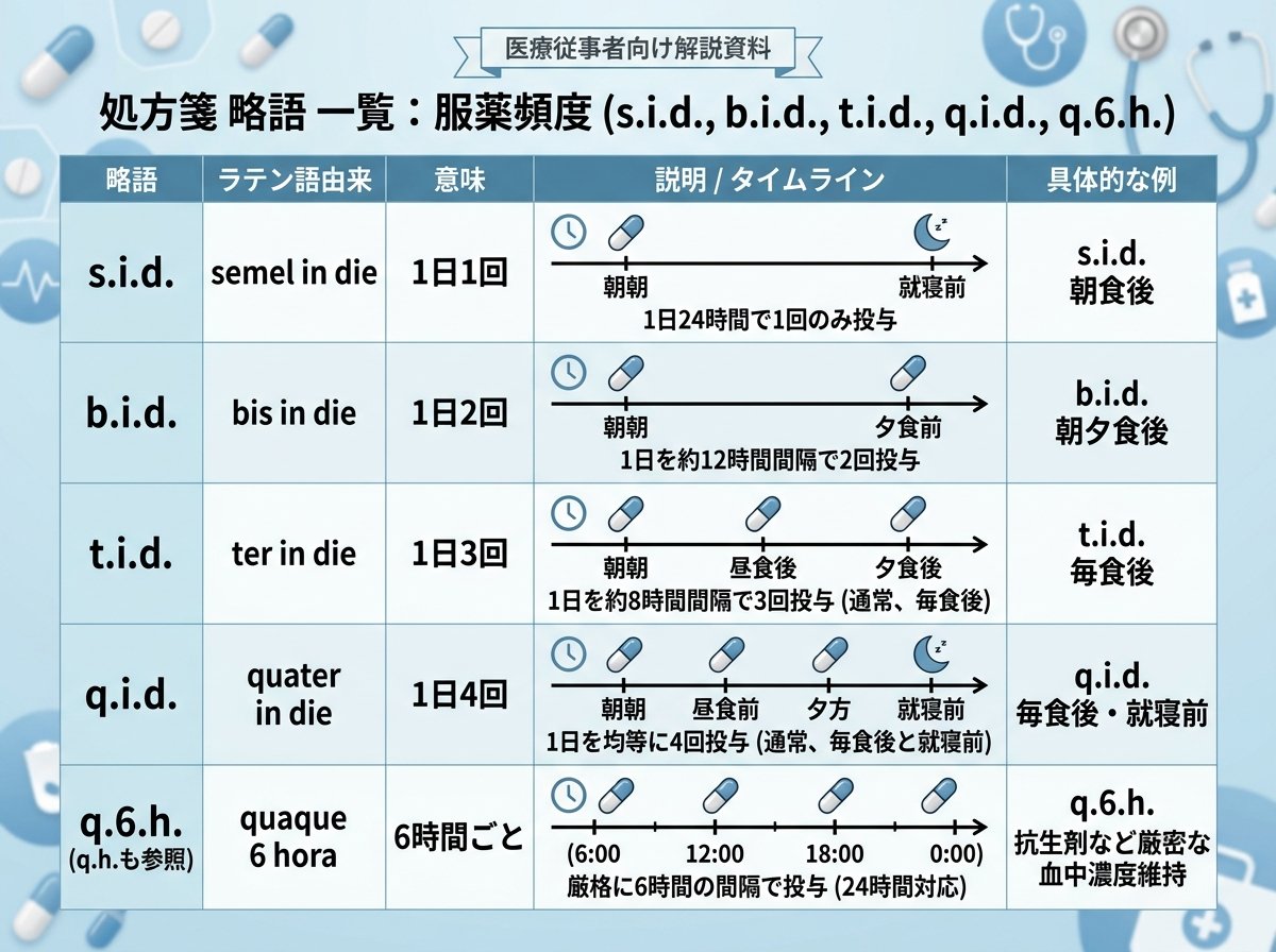 処方箋 略語 一覧：s.i.d. b.i.d. t.i.d. q.i.d. と q.6.h.