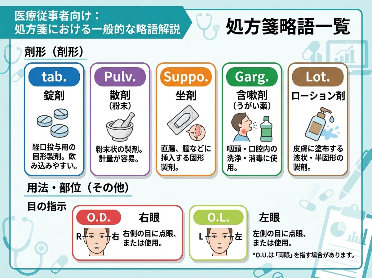 処方箋 略語 一覧：tab. Pulv. Suppo. Garg. Lot. と O.D. O.L.